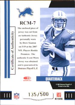 2007 Donruss Threads - Rookie Collection Materials #RCM-7 Drew Stanton Back