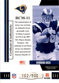 2007 Donruss Threads - Rookie Collection Materials #RCM-11 Brian Leonard Back