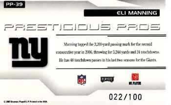 2007 Playoff Prestige - Prestigious Pros Green #PP-39 Eli Manning Back