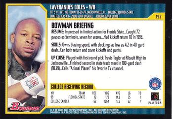 2000 Bowman #192 Laveranues Coles Back