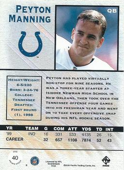 2000 Pacific Private Stock #40 Peyton Manning Back