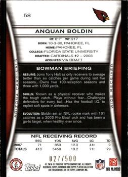 2008 Bowman - Blue #58 Anquan Boldin  Back