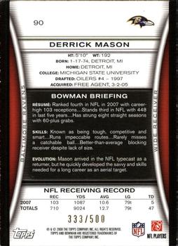 2008 Bowman - Blue #90 Derrick Mason  Back