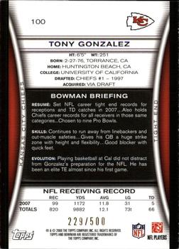 2008 Bowman - Blue #100 Tony Gonzalez  Back