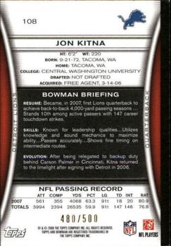 2008 Bowman - Blue #108 Jon Kitna  Back