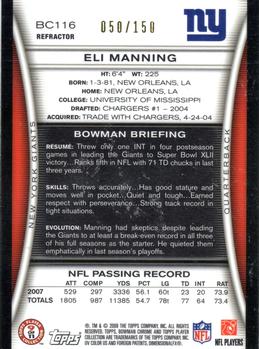 2008 Bowman Chrome - Blue Refractors #BC116 Eli Manning  Back