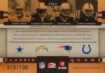 2008 Donruss Classics - Classic Quads Jerseys #CQ-4 Terrell Owens / LaDainian Tomlinson / Randy Moss / Marvin Harrison Back