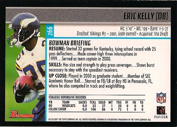 2001 Bowman #266 Eric Kelly Back