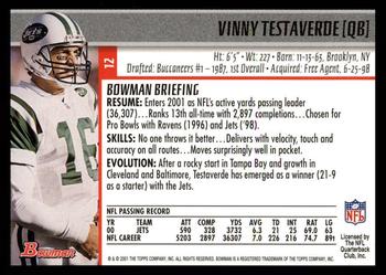 2001 Bowman #12 Vinny Testaverde Back