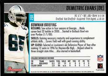 2001 Bowman #230 Demetric Evans Back