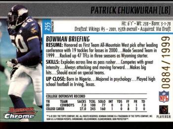 2001 Bowman Chrome #255 Patrick Chukwurah Back