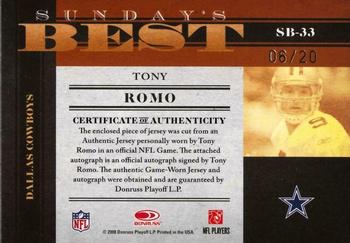 2008 Donruss Classics - Sunday's Best Jerseys Jersey Numbers Autographs #SB-33 Tony Romo Back