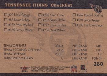 2001 Fleer Tradition #380 Tennessee Titans Team Leaders Back