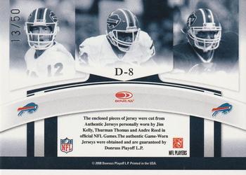 2008 Donruss Threads - Dynasty Materials Prime #D-8 Jim Kelly / Thurman Thomas / Andre Reed Back