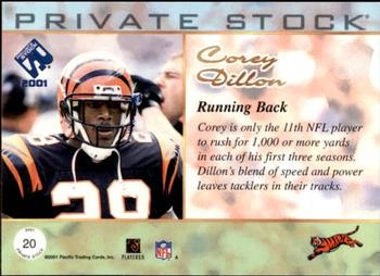 2001 Pacific Private Stock #20 Corey Dillon Back
