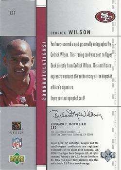 2001 SP Authentic #127 Cedrick Wilson Back