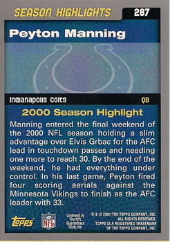 2001 Topps #287 Peyton Manning Back