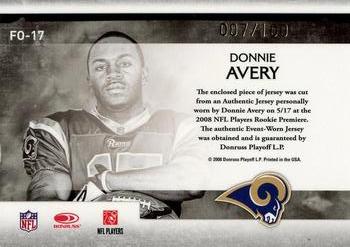2008 Leaf Rookies & Stars Longevity - Freshman Orientation Materials Jerseys #FO-17 Donnie Avery Back