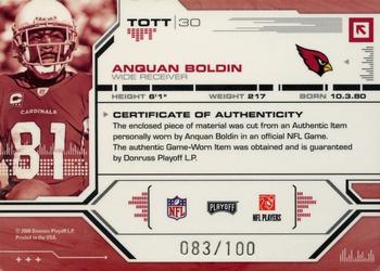 2008 Playoff Absolute Memorabilia - Tools of the Trade Material Red #TOTT 30 Anquan Boldin Back
