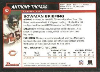2002 Bowman #52 Anthony Thomas Back
