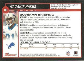 2002 Bowman #88 Az-Zahir Hakim Back