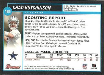 2002 Bowman #165 Chad Hutchinson Back