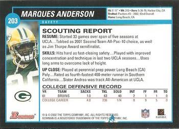 2002 Bowman #203 Marques Anderson Back