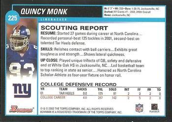 2002 Bowman #225 Quincy Monk Back