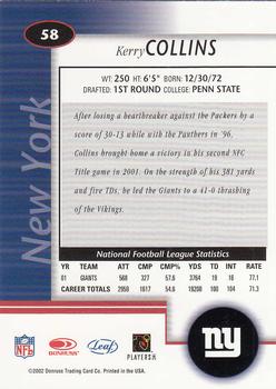 2002 Leaf Certified #58 Kerry Collins Back