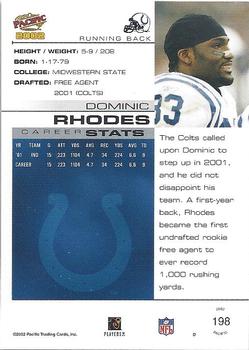2002 Pacific #198 Dominic Rhodes Back