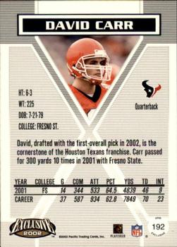 2002 Pacific Exclusive #192 David Carr Back