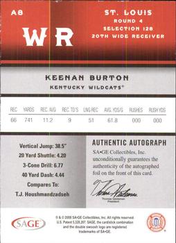 2008 SAGE - Autographs Gold #A8 Keenan Burton Back