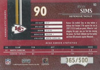 2002 Playoff Piece of the Game #93 Ryan Sims Back