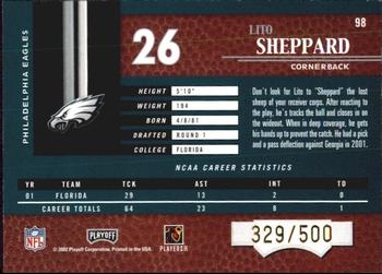 2002 Playoff Piece of the Game #98 Lito Sheppard Back