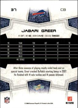 2008 Score - Glossy #37 Jabari Greer Back