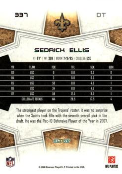 2008 Score - Glossy #337 Sedrick Ellis Back