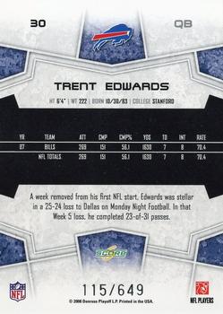 2008 Score - Scorecard #30 Trent Edwards Back