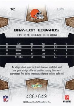 2008 Score - Scorecard #72 Braylon Edwards Back