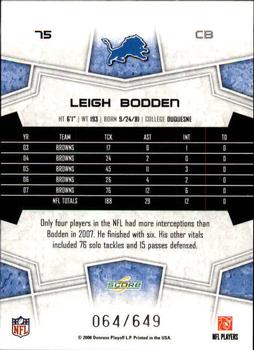 2008 Score - Scorecard #75 Leigh Bodden Back