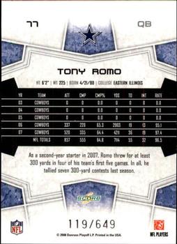 2008 Score - Scorecard #77 Tony Romo Back