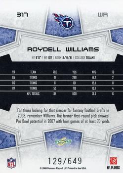 2008 Score - Scorecard #317 Roydell Williams Back