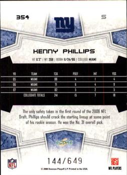 2008 Score - Scorecard #354 Kenny Phillips Back