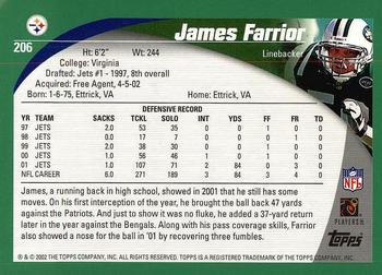 2002 Topps #206 James Farrior Back