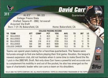 2002 Topps #311 David Carr Back