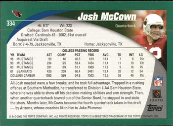 2002 Topps #334 Josh McCown Back