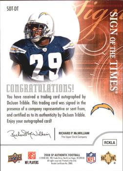 2008 SP Authentic - Sign of the Times #SOT-DT DeJuan Tribble Back