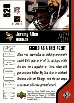 2002 Upper Deck XL #526 Jeremy Allen Back
