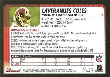 2003 Bowman #10 Laveranues Coles Back