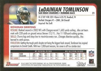 2003 Bowman #21 LaDainian Tomlinson Back