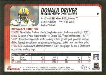 2003 Bowman #98 Donald Driver Back
